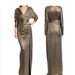 Rickie Freeman for Teri Jon Metallic Gold Evening Gown with Side Slit NWT